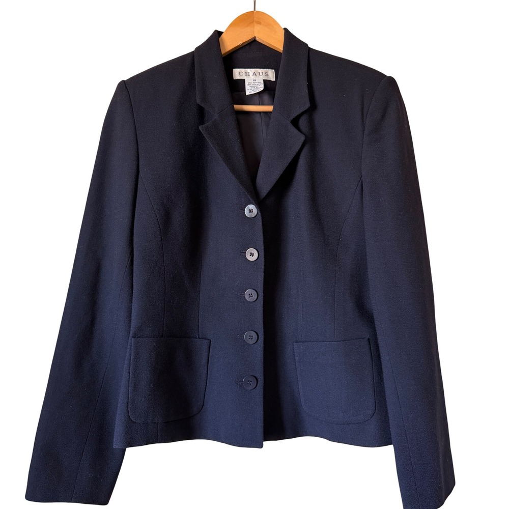 Chaus Blazer Jacket 100% Wool 10 Navy Blue Professional Career Office
